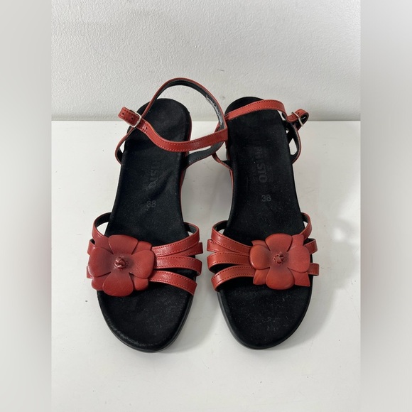 Mephisto Womens Sz 38 EU 7 US Wedge Heel Flower  Sandals Red Black Leather - Picture 5 of 8